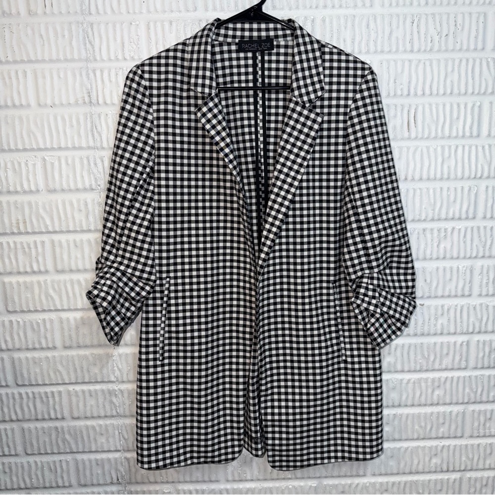 Rachel Zoe Checkered Open Front Midi Blazer Jacket Black White M/L